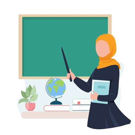 Classroom With Students Drawing, Teachers Cartoon Images, Teacher Illustration Teaching, Teacher With Students, Classroom Illustration, Classroom Drawing, Teacher Teaching Students, Teacher Vector, Muslim Teacher