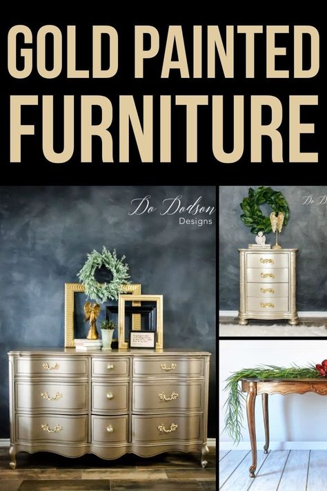 Gold Painted Furniture How To Apply Gold Leaf To Furniture, Sleigh Bed Painted, Gold Dining Room Table, Gold Painted Furniture, Gold Bed Frame, Painted Table Tops, Metallic Painted Furniture, Spray Paint Furniture, Painting Old Furniture