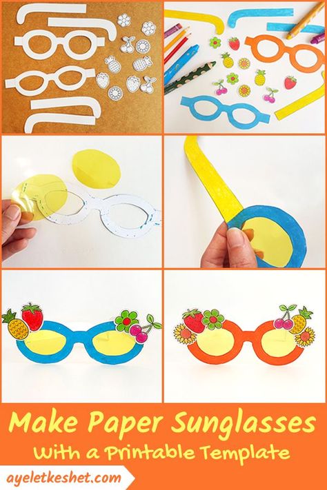 Craft for summer: make DIY paper sunglasses with free printable templates. #Ayelet_Keshet #kidscrafts #kidscraftsideas #summercrafts #papercrafts #craftsforkids Sunglasses Craft, Paper Sunglasses, Diy Craft Paper, Paper Glasses, Printable Decorations, Turtle Crafts, Arts And Crafts For Teens, Kid Friendly Crafts, Simple Crafts