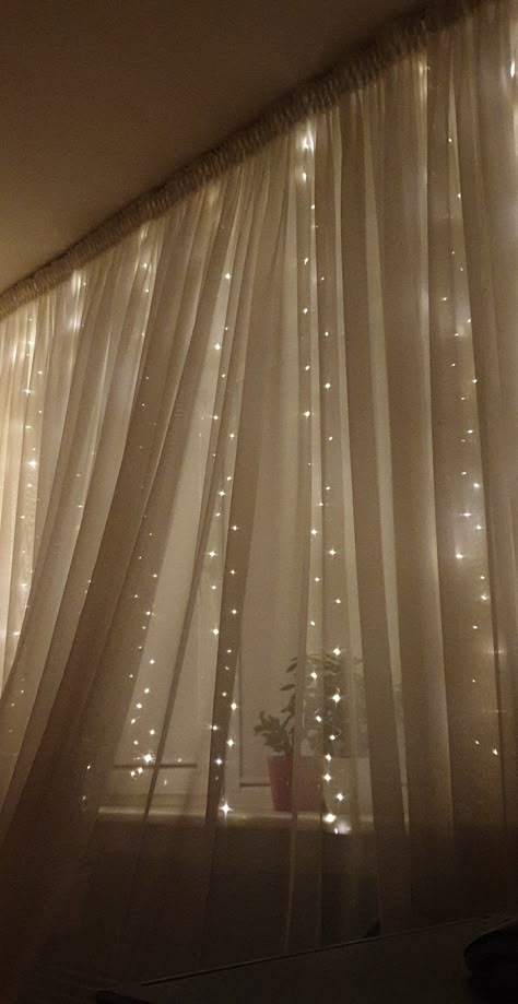 Sheet With Lights, White Curtains With Fairy Lights, Fairy Lights Bedroom Curtains, Net Curtains Bedroom Fairy Lights, Fairy Lights In Window, Fairy Light Wallpaper, Curtains With Fairy Lights, Fairy Light Aesthetic, Fairy Lights Window