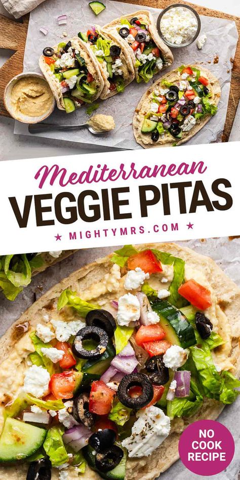 This no-cook, vegetarian recipe is inspired by the Greek Veggie Pita Wrap served at one of my favorite local lunch spots. These falvorful sandwiches are so good and are actually full of healthy veggies and protein too. Easy to make at home with hummus, pitas, cucumberm lettuce, tomato, feta cheese, red onion, olives and Greek dressing. No cooking required. Ready in just 10 minutes! A tasty little lunch or dinner. Must try! Vegetarian Pita Recipes, No Meat Wraps, Greek Wrap Vegetarian, Pitta Bread Fillings Vegetarian, Vegetarian Pita Pockets, Veggie Pita Sandwich Recipes, Lunches With Hummus, Veggie Pita Pocket, Vegetarian Pita Sandwich