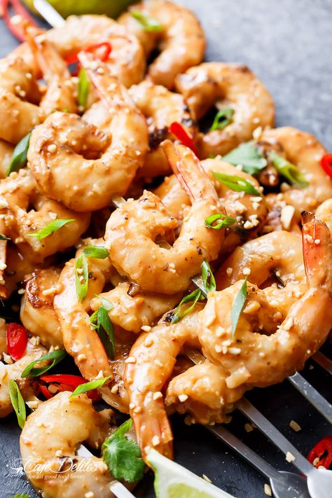 Satay Shrimp Skewers - Cafe Delites Shrimp Satay, Shrimp Skewer Recipes, Bruschetta Chicken Pasta, Satay Recipe, Spicy Appetizers, Satay Sauce, Cafe Delites, Shrimp Skewers, Prawn Recipes