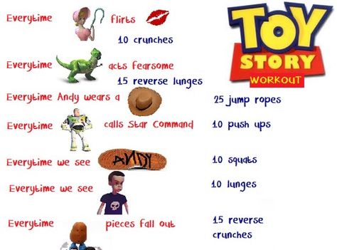 Toy Story Movie Workout..since its one everyday!! Tv Workout Challenge, Disney Movie Workouts, Disney Workout, Tv Show Workouts, Movie Workouts, Tv Workouts, Lunge Workout, Workout Fun, Women Workouts