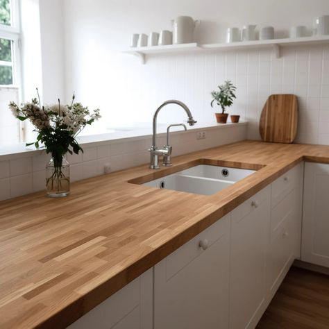 Ikea Wood Countertops Kitchen, White Kitchen Cabinets With Wood Countertops, White Cabinets Wood Countertops Kitchen, Kitchen Remodel With Wood Countertops, Hardwood Countertops Kitchen, Honed Countertops Kitchen, Wooden Counter Kitchen, Butcherblock Countertop Kitchens, Oak Kitchen Countertops