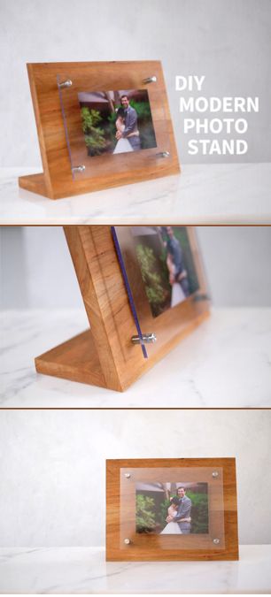 How to build a modern acrylic photo stand out of cherry hardwood. Build A Shelf, Wooden Cars, Photo Stand, Wood Projects For Beginners, Mobile Stand, Shelf Wood, Cherry Hardwood, Woodworking For Kids, Picture Stand