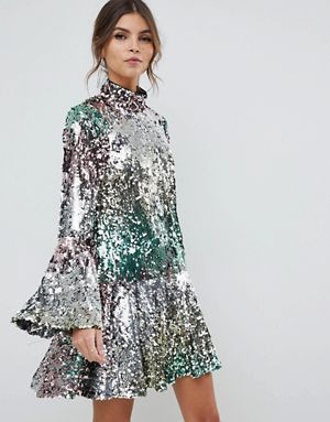 Rainbow Sequin Dress, Ideas For New Year, Mini Sequin Dress, Kimono Mini Dress, Holiday Party Attire, Looks Country, New Year Eve, Oasis Dress, Sequin Outfit