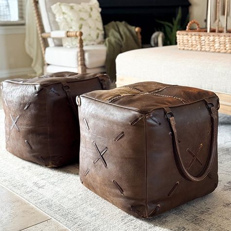 <p>Our <strong>Square Leather Pouf Ottoman</strong> brings a touch of sophisticated comfort and gorgeous style to your space. Whether you need some extra seating or just a place to put your feet up this handsome leather stool is the perfect piece to add to any room. The warm tone will coordinate with any decor style and the handles allow this for easy transfer when needed for extra seating.</p> Winter Pines, Ottoman Leather, Leather Pouf Ottoman, Cabin Furniture, Ski House, Square Pouf, Leather Stool, The Pines, Shabby Chic Farmhouse