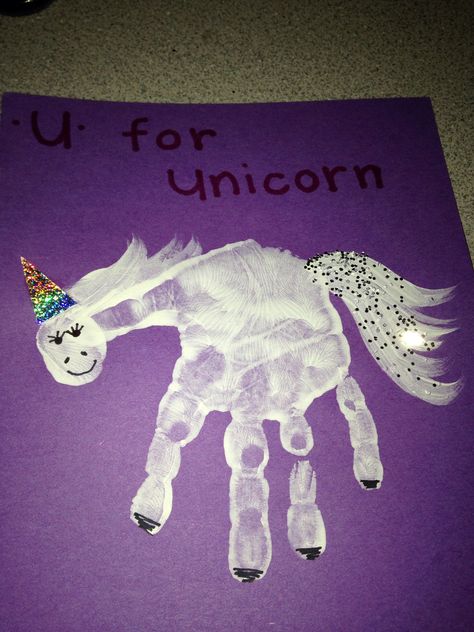 U for unicorn U Crafts For Preschoolers, Letter U Crafts For Preschoolers, Preschool Letter U, Alphabet Handprint Art, Handprint Alphabet, Learning Sounds, Letter U Crafts, Craft Unicorn, Fairy Tales Preschool