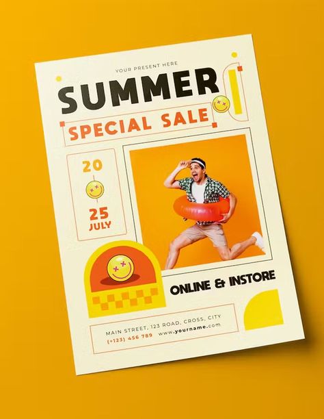 Summer Sale Flyer Template. Get your creative juices flowing with this beautiful and fully customizable flyer template. Perfect for promoting your summer sale, this template is available in EPS and PSD formats. #summersale #flyer . #Promotional_Posters_Design #Flyer_Ads_Design #Sale_Poster_Ideas_Graphic_Design #Poster_Ads_Design_Ideas Summer Sale Flyer Design, Sale Poster Ideas Graphic Design, Poster Ads Design Ideas, Flyer Design Ideas Graphics, Flyer Layout Design Inspiration, Summer Sale Poster Design, Summer Layout Design, Retro Flyer Design, Flyer Design Inspiration Layout