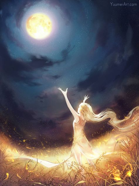 Moon Catcher by yuumei on DeviantArt Yuumei Art, Anime Body, Seni Cat Air, Arte Fantasy, 판타지 아트, Alam Semula Jadi, Moon Art, The Grass, Karakter Anime