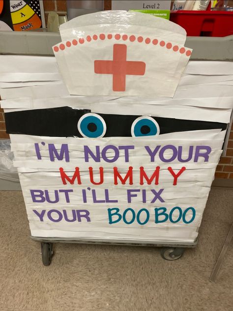 Nurse Halloween Door Decorations, Halloween School Nurse Door Decorations, Nursing Halloween Decor, Halloween Nurses Station Decor, Halloween Door Decorations Nursing Home, School Nurse Halloween Door, Fall School Nurse Bulletin Board Ideas, Medical Office Halloween Decorations, Nurse Office Bulletin Board Ideas