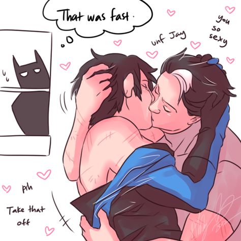 Red Hood X Nightwing Kiss, Jason X Grayson, Jaydick Fanart Kiss, Jaydick Fanart, Otp Challenge, Bat Images, Red Hood Comic, Superman X Batman, Robin Comics