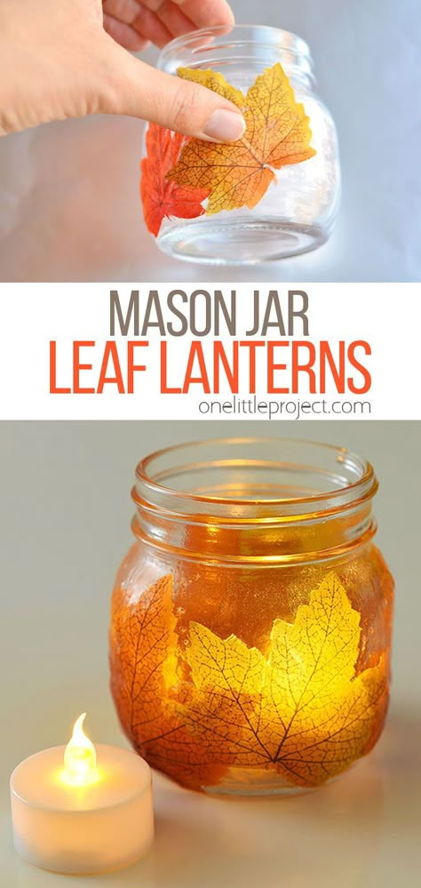 Easy Diy Thanksgiving Decorations, Easy Mason Jar Crafts Diy, Leaf Mason Jar Candle, Fall Mason Jar Crafts, Easy Mason Jar Crafts, Leaf Lantern, Mason Jar Candle Holders, Fall Mason Jars, Jar Crafts Diy