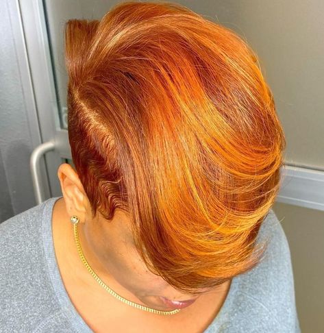 Autumn orange, cinnamon short cut Ginger Hair With Blonde Highlights Black Women, Hair Appointments Available, Razor Chic, Feather Wrap, Short Relaxed Hairstyles, Bday Nails, Bob Hair Color, Red Ginger, Pompadour Hairstyle