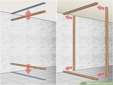 How to Build a Fake Wall: 12 Steps (with Pictures) - wikiHow How To Build Partition Wall, Easy Diy Partition Wall, Basement Wall Divider Ideas, Half Wall In Bedroom, How To Build A Wall Frame, Diy Room Partition Temporary Wall, Temporary Interior Wall, Temporary Partition Wall Ideas, Adding A Wall To Divide A Room