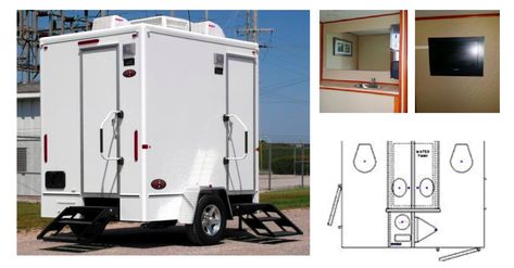 Mobile Bathroom Trailer, Bathroom Trailer, Campground Ideas, Outdoor Shower Kits, Mobile Toilet, Glass Tiles Kitchen, Glass Tile Backsplash Kitchen, Gold Mobile, Outdoor Shower Enclosure