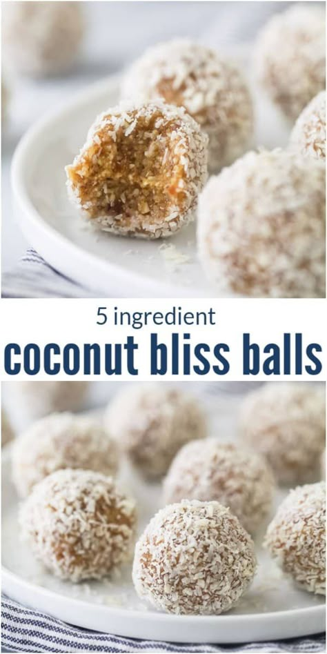 Easy 5 ingredient No-Bake Coconut Bliss Balls made with raw nuts, coconut and dates. Each bite has a boost of protein with sweet, nutty goodness sprinkled throughout. Perfect for breakfast, dessert or a workout snack -and super easy to meal prep! #proteinballs #energybites #energyballs #proteinbites #coconutballs #workoutsnack Raw Date Balls, Almond Balls Recipe, What To Do With Raw Coconut, Coconut Oil Protein Balls, Date Bliss Balls, Whole 30 Date Balls, Almond Bliss Balls, Easy Bliss Balls, Protein Bliss Balls