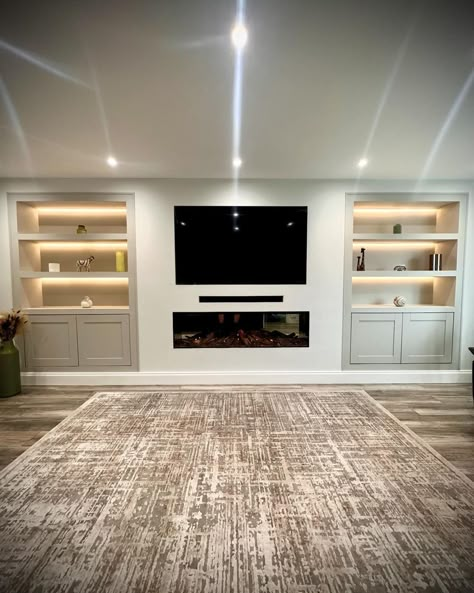 media wall with fireplace • Instagram Media Wall With Gas Fireplace And Tv, Media Wall With Electric Fire, Build In Tv Wall, Large Media Wall, Wall Gas Fireplace, Media Wall With Fireplace, Wall With Fireplace, Wall Units With Fireplace, Media Wall Ideas