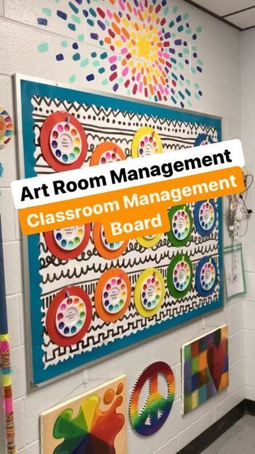 Elementary Art Room Organization Ideas, Cassie Stephens Classroom, Elementary Art Display Ideas, Elementary Art Classroom Management, Art Room Management, Art Teacher Bulletin Boards, Art Room Posters Elementary, Elementary Art Bulletin Boards, Art Room Set Up Elementary