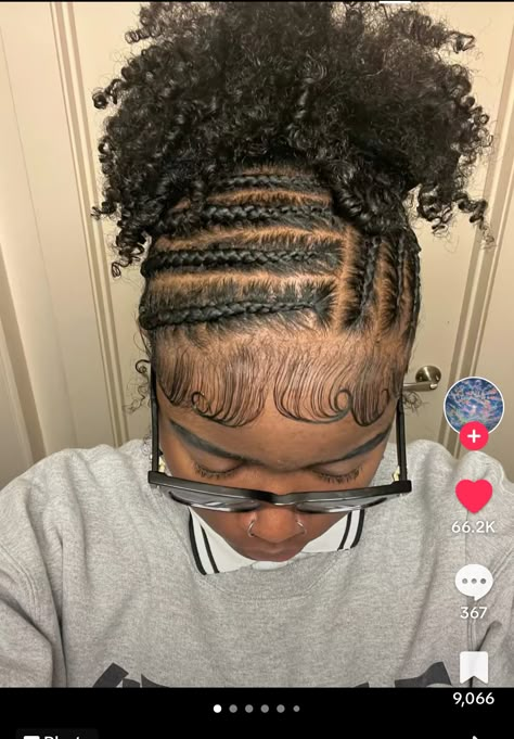 Braided To The Scalp Hairstyles Natural Hair, Natrual Black Girls Hairstyles Braid, Cornrow With Afro Puff Styles, Cornrows With Puff Natural Hair, 2 High Puffs Natural Hair, Cornrow Into Puff, Quick Natural Hairstyles For Short Hair, Long Lasting Natural Hairstyles, Braid Styles On Natural Hair