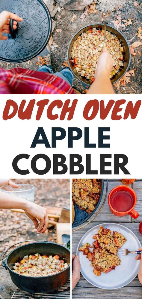 This Dutch Oven Apple Cobbler is a perfect camping dessert that cooks right over the campfire. Camping food | Dutch oven recipes Dutch Oven Apple Cobbler, Dutch Oven Recipes For Camping, Dutch Oven Cobbler, Campfire Dessert, Keto Camping, Oven Desserts, Dutch Oven Desserts, Camping Meal Plan, Dutch Oven Recipes Cast Iron