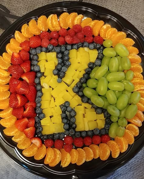 Letter K fruit tray Super Bowl Party Fruit Tray, Fruit Platter Football, Number 2 Fruit Tray, Fruit Tray Designs Parties, Fruit Tray For Football Party, Fruit Trays For Party Cute Ideas, Sports Fruit Tray, Construction Party Fruit Tray, 1st Birthday Fruit Platter