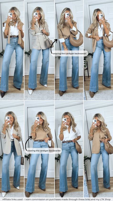 TreatingTheStreetsLikeARunway on LTK Blue Flared Jeans Outfit, High Waisted Wide Leg Jeans Outfit, Denim Trousers Outfit, Trouser Jeans Outfit, Flared Trousers Outfit, Wide Leg Jean Outfits, Flare Outfit, Casual Mom Outfits, Jeans Outfit Spring