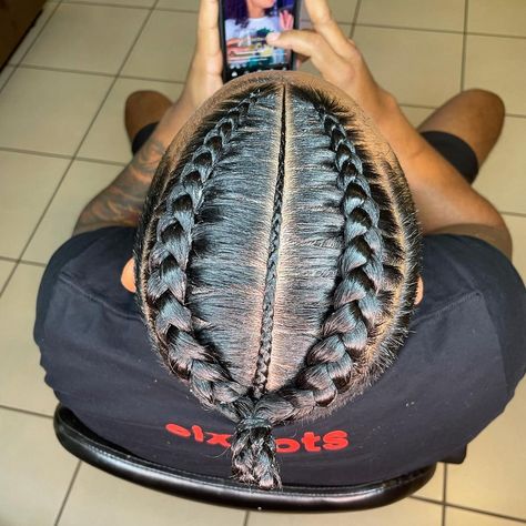 Mens Braids Into Bun, Men Braids With Bun, Black Man Bun Hairstyles, Men Bun Braids, Mens Stitch Braids With Fade, 2 Braids Men Black, Men Braids Hairstyles Man Bun, Man Bun Hairstyles Braids, 2 Braids For Men