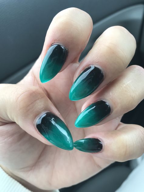 #ombré #ombrenails #summernails #nails #stilettonails #gelnails #summervibes #teal #turquoise Black Teal Ombre Nails, Black And Teal Ombre Nails, Black To Blue Ombre Nails, Teal Almond Nails Designs, Black Teal Nails, Teal Nails Aesthetic, Teal And Black Nail Ideas, Black Turquoise Nails, Turquoise Black Nails