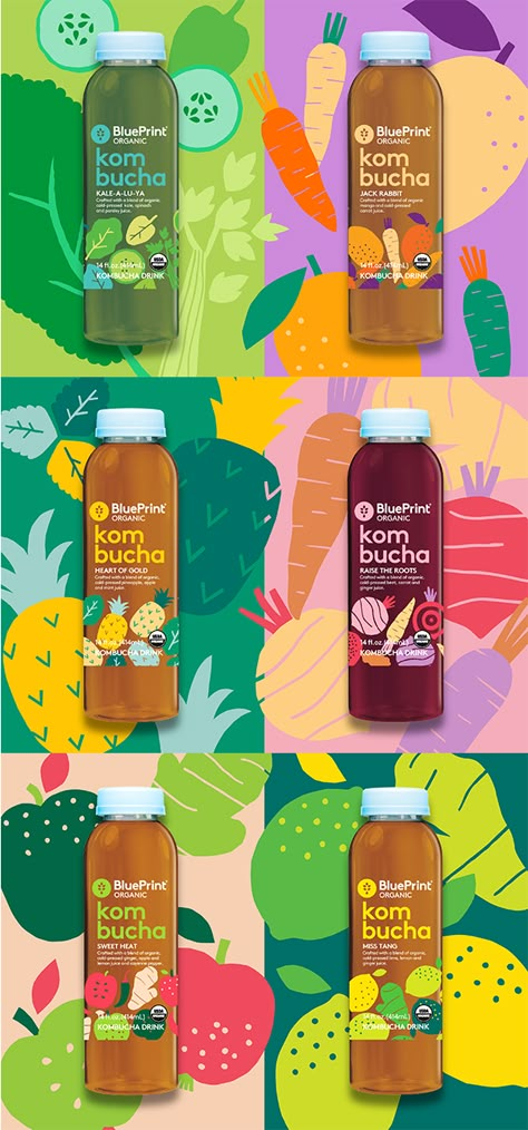 Illustration for BluePrint's kombucha beverages. #kombucha #illustration #leenakisonen #packaging #colors Kombucha Poster Design, Kombucha Design Packaging, Kombucha Label Design, Kombucha Illustration, Kombucha Branding, Kombucha Design, Kombucha Labels, Brewery Logo Design, Kombucha Packaging