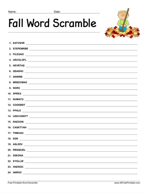 Fall Word Scramble Fall Word Scramble, Fall Word Search, Fall Scavenger Hunt, Children Church, Thanksgiving Words, Fall Words, Fall Games, Classroom Activity, Easter Printables Free