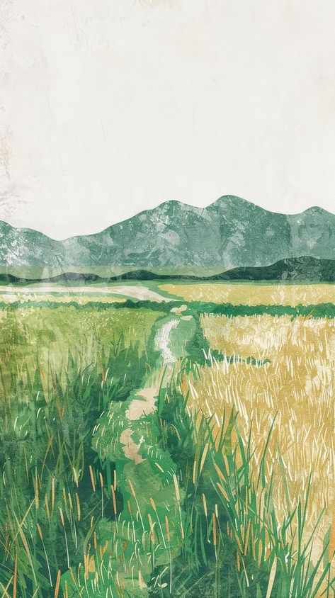 Illustration of rice field landscape grassland outdoors. | free image by rawpixel.com / Ake Rice Paddy Illustration, Paddy Field Illustration, Paddy Field Drawing, Rice Field Drawing, Farmland Illustration, Rice Field Illustration, Plant Wallpaper Iphone, Rice Field Painting, Landscape Visualisation