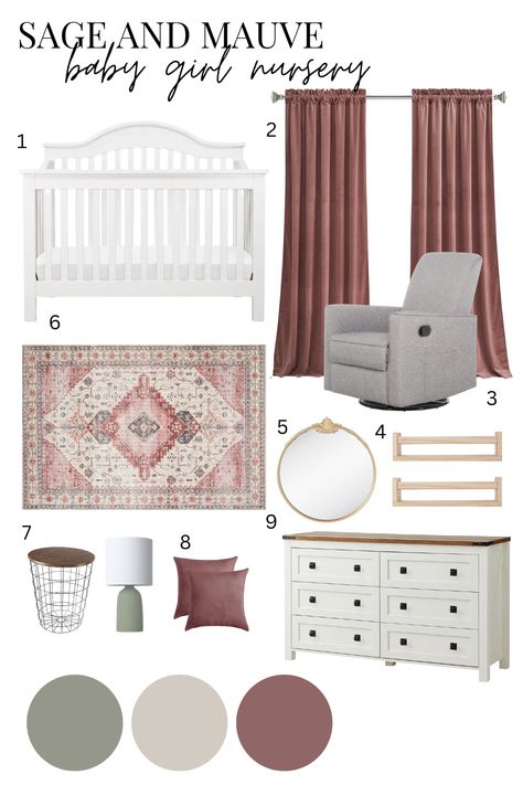 Mauve and sage green baby girl nursery reveal! I've linked the items below for convenience. Baby girl nursery // baby nursery// mauve // sage green // floral // sophisticated // white furniture // baby girl [This post contains affiliate links] Green Baby Girl Nursery, Nursery Mauve, Nursery Sage, Green Nursery Girl, Pink And Green Nursery, Girl Nursery Colors, Cozy Baby Room, Baby Nursery Inspiration, Rose Nursery