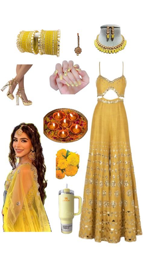 ✨a haldi fit idea 💛 Haldi Outfit For Groom Sister, Yellow Desi Outfit, Outfit For Haldi Function, Haldi Outfits For Sister, Haldi Ceremony Outfit For Bride, Mehandi Outfits, Haldi Wear, Ceremony Outfit, Haldi Ceremony Outfit