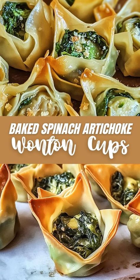 🧀 Make your party spread unforgettable with these Cheesy Spinach Artichoke Wonton Cups! Crispy wonton wrappers filled with creamy spinach, artichoke, and lots of cheese make for the perfect appetizer. 🌟 These cups are quick to bake and packed with flavor—ideal for potlucks, holiday gatherings, or any celebration! Serve warm and watch them disappear! #CheesyWontonCups #SpinachArtichokeDip #PartyAppetizer 🍲 Baked Wontons, Baked Spinach, Crispy Wonton, Wonton Cups, Cheesy Spinach, Party Spread, Wonton Wrappers, Wontons, Creamy Spinach