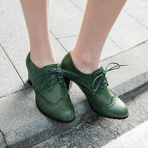 Block Heel Wingtip Oxford Shoes | Oxfords | Green Heeled Brogues, Oxford Brogues, Boots For Short Women, Womens Pumps, Oxford Heels, Brogue Shoes, Women Oxford Shoes, Green Shoes, Thick Heels