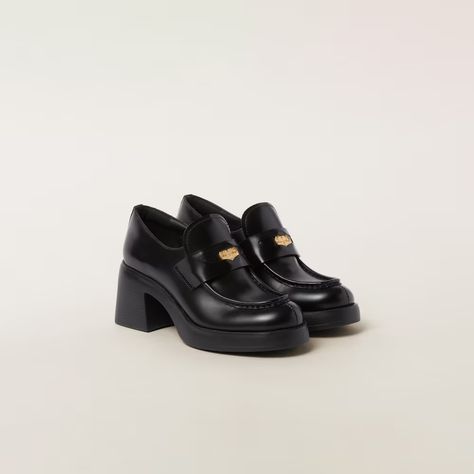 Black Leather Penny Loafers | Miu Miu Prep School, Penny Loafer, Airport Style, Heeled Loafers, Penny Loafers, Printed Leather, College Students, Leather Band, Leather Loafers