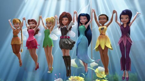 Fawn, Rosetta, Tinker Bell, Zarina, Silvermist, Iridessa and Vidia Disney Fairies Costumes, Tinkerbell Characters, The Pirate Fairy, Pixie Hollow Fairies, Tinkerbell Wallpaper, Disney Faries, Tinkerbell Movies, Disney Fairies Pixie Hollow, Pirate Fairy