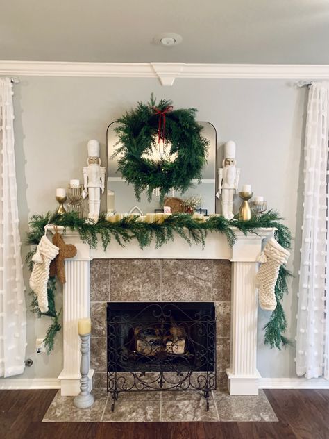 Nutcracker Christmas Mantle, Ribbon Fireplace, Nutcracker Stocking, Stocking Garland, Mantle Candles, Behind Couch, Fireplace Mantle Decor, Christmas Fireplace Decor, Christmas Mantle