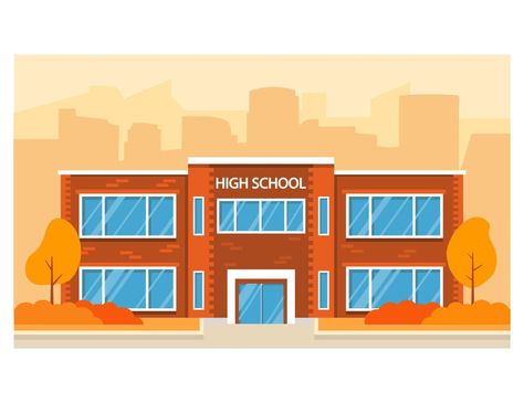 Autumn high school building.Education background.Vector flat illustration. School Illustration Building, High School Illustration, High School Building, Education Background, Anime Diys, School Building Design, Family Decals, School Illustration, School Cartoon