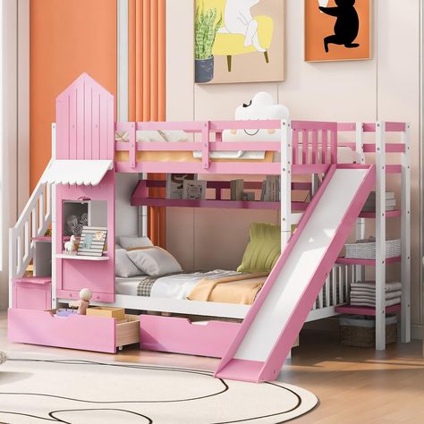 PRICES MAY VARY. 🐰 [Castle Style Bunk Bed] - We offer two different color schemes. Which you can chose most suitable color matching your bedroom design.With unique design bed create a fun and adorable space that not only serves as a comfortable sleeping area but also double as a space for you to study and work. 🐰 [Bunk Bed with Space Storage] - The storage shelves attached to the bunk bed and two storage drawers beneath the bottom bed can be used to be a spacious space. It is the perfect place Wood Bunk Bed, Solid Wood Bunk Beds, Whimsical Bedroom, Bunk Bed With Slide, Bunk Beds With Drawers, Bed Color, Wood Bunk Beds, Bunk Beds With Stairs, Bunk Beds With Storage