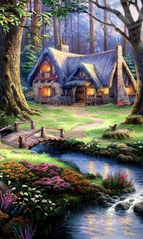 Thomas Kinkade Art, Thomas Kinkade Paintings, Kinkade Paintings, Cottage In The Woods, Cottage Art, Fantasy House, Thomas Kinkade, Fantasy Art Landscapes, Beautiful Nature Wallpaper