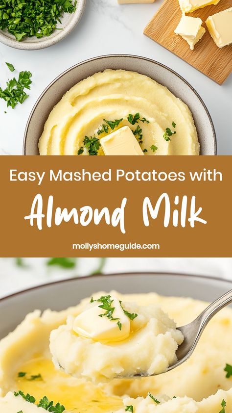 Indulge in a creamy and dairy-free treat with this delicious recipe for mashed potatoes made with almond milk. Perfect for any occasion, these velvety potatoes are sure to become a family favorite. The subtle nutty flavor of almond milk adds a unique twist to the classic dish, making it both comforting and irresistible. Whether you're looking for a side dish to pair with your favorite roast or craving some cozy comfort food, these mashed potatoes with almond milk are guaranteed to satisfy your c Mashed Potatoes With Coconut Milk, Mashed Potatoes Without Dairy, Mashed Potatoes With Oat Milk, Almond Milk Mashed Potatoes, Dairy Free Garlic Mashed Potatoes, Mashed Potatoes Almond Milk, Milk Simmered Mashed Potatoes, Dairy Free Mashed Potatoes, Healthy Mashed Potatoes