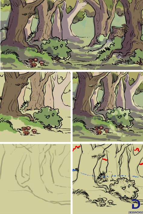 Comment dessiner une forêt. On regarde étape par étape comment dessiner un tronc, des arbres, des feuilles, des buissons, de l'herbe et comment donner de la forme. Tutoriel pour les débutants How To Draw Forest, How To Draw A Forest, Nature Background Drawing, Forest Art Drawing, How To Draw Backgrounds, Environment Drawing Ideas, How To Draw Nature, How To Draw Wood, Ground Drawing