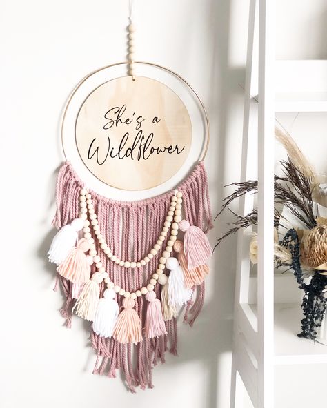 Boho wall hanging in dusty pink with yard tassels and wooden named round. Australian handmade Tassel Wall Hanging, Tassel Wall Hang, Tassel Wall, Tassels Decor, Boho Nursery Decor, Deco Boheme, Tassel Garland, Macrame Patterns Tutorials, Pink Tassel