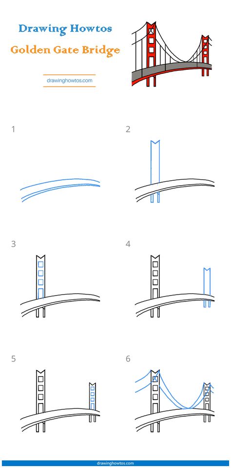 Golden Gate Bridge Drawing Simple, Golden Gate Bridge Painting Easy, How To Draw A Bridge Step By Step, How To Draw A Bridge, Bridge Drawing Easy, Bridge Canvas Painting, Golden Gate Bridge Drawing, Structures Art, Golden Gate Bridge Painting