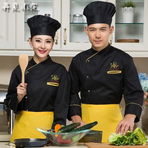 Hotel Chef Wear Long Sleeved Resturant Kitchen Chef Uniform Bread Baking Canteen Servers Working Wear Pluse Size B-5562 _ - AliExpress Mobile Service Uniform Restaurant, Chef Clothes Design, Pastry Uniform, Server Outfit Restaurant, Chef Jackets Design, Bar Uniform, Chef Clothing, Chef Dress, Black Cook