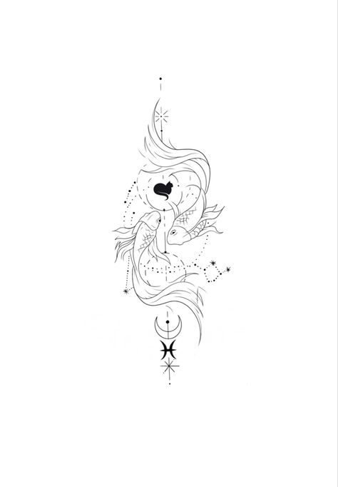 Koi Fish Constellation Tattoo, Pisces Fish Tattoo Designs, Pisces Design Tattoo, Aesthetic Koi Fish Tattoo, Pices Tattoo Fish, Pisces Tattoo Outline, Pieces Fish Tattoos, Gemini Fish Tattoo, Pisces Patchwork Tattoo