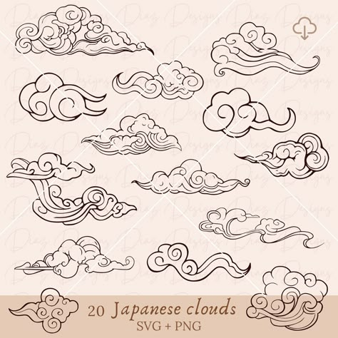 Swirly Clouds Drawing, Japanese Cloud Painting, Japanese Cloud Design, Japanese Clouds Design, Manga Clouds, Japanese Cloud Art, Japanese Style Clouds, Paper Cut Out Design, Spiral Clouds