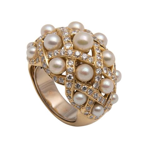 Pearl, Diamond and 18 Karat Gold Bombé Cocktail Ring Gold Cocktail Rings, Cluster Ring Set, Tahitian Black Pearls, Gold Cocktail Ring, Gold Cocktail, Diamond Cocktail Rings, Yellow Gold Setting, Pearl Set, Diamond Bangle